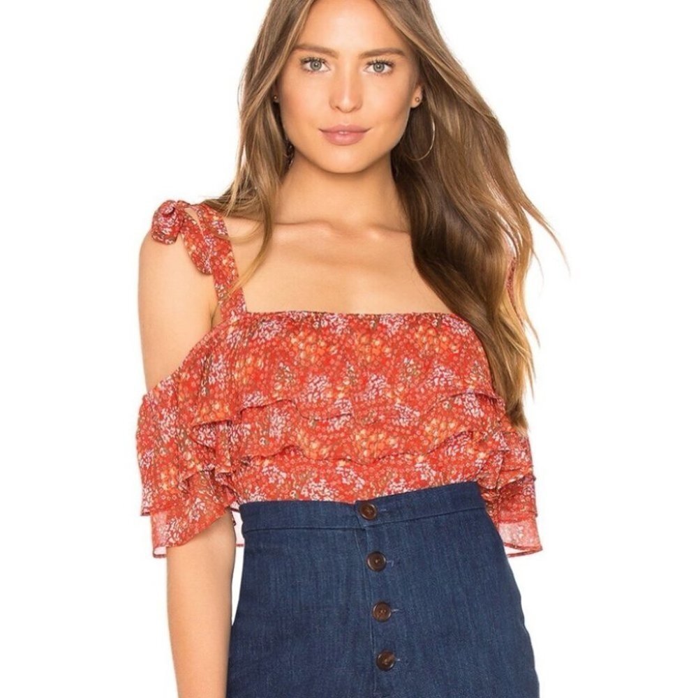 Rebecca Minkoff Jamie Ruffled Cold-Shoulder Floral-Print Top Red Multi Size Xs